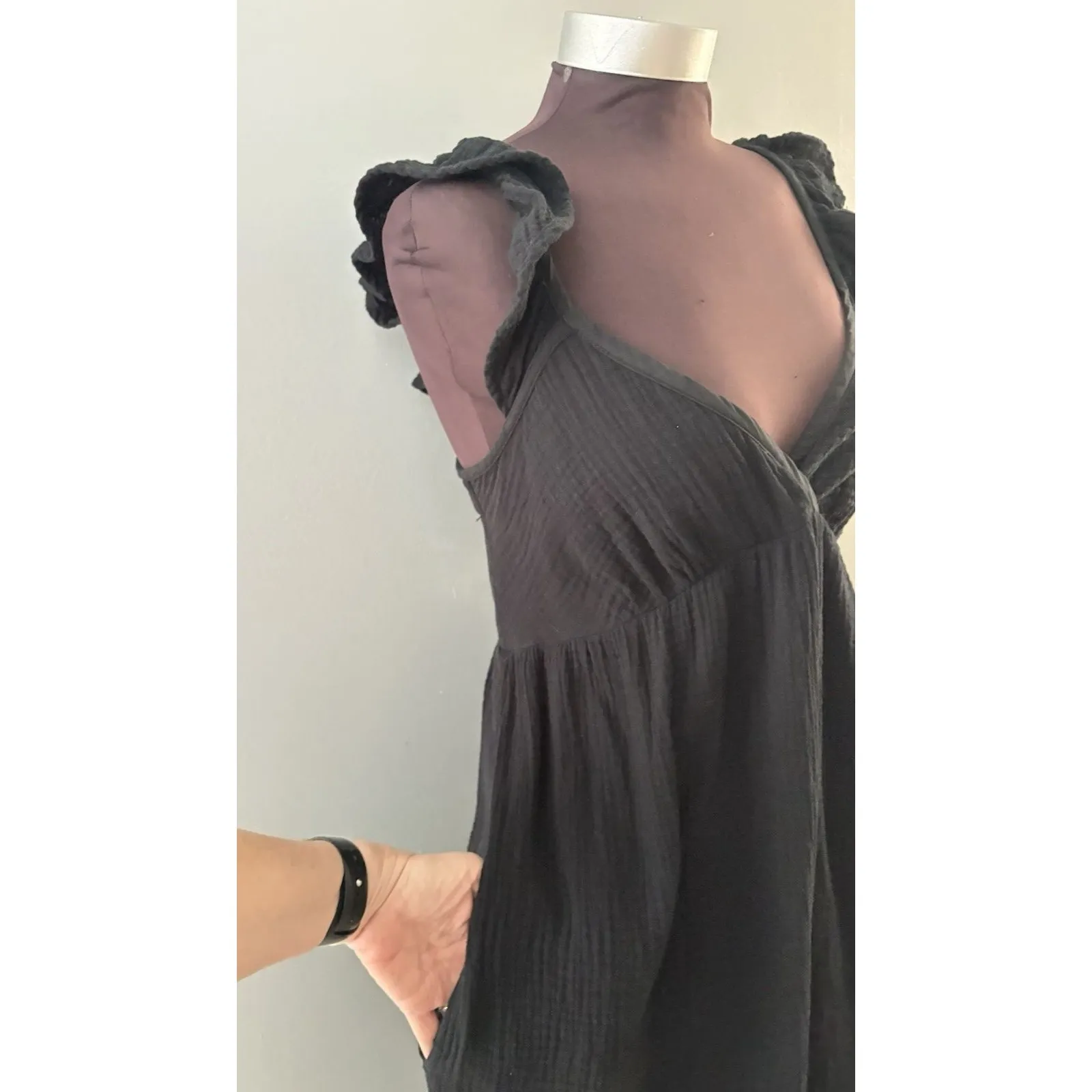 Magaschoni Maxi Dress Size S Black Babydoll Gauze Flutter Whimsigoth Witchy - Image 3