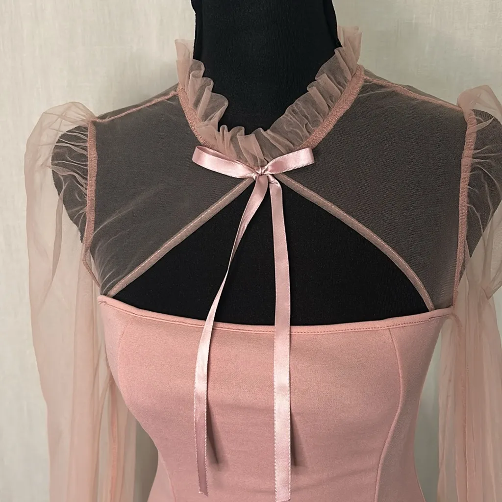 SHEIN Romantic Pink Puff Sleeve Dress – Sheer Detail & Ruffle Neckline size XS - Image 3