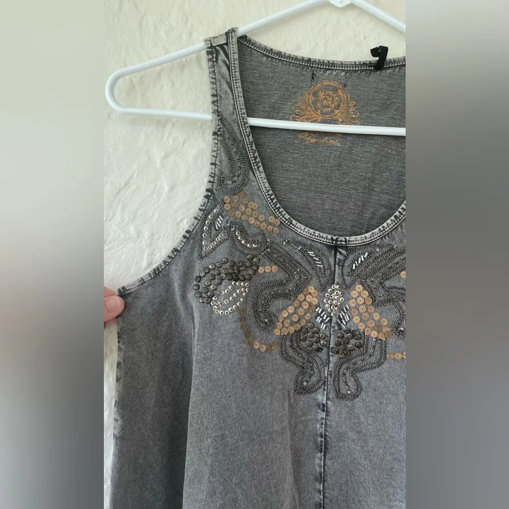 Guess vintage oversized tank top, tan embroidered design, handkerchief hem; XS - Image 2