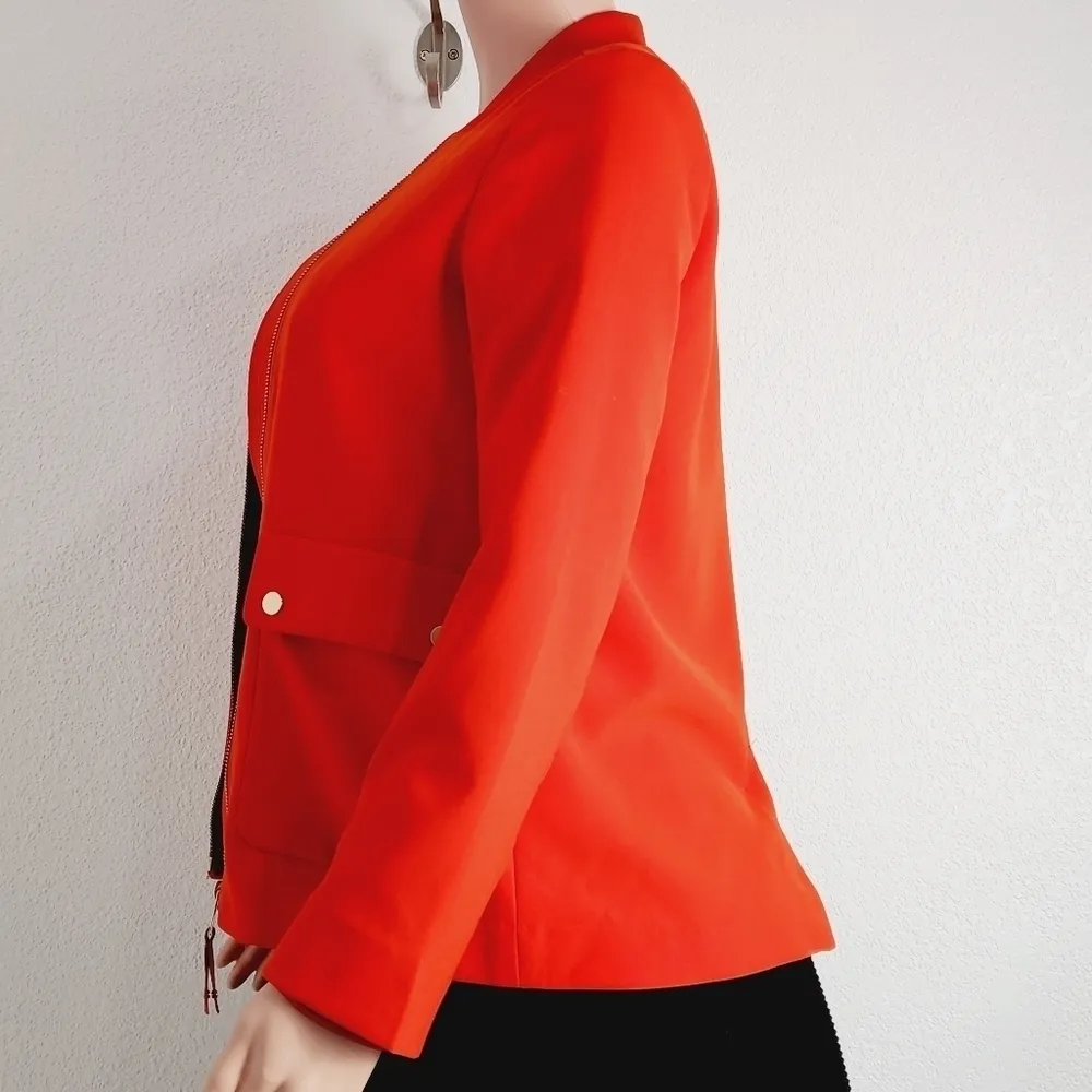 𝅺h&m Overcoat Full Zip Pockets Stretch Long Sleeve Red/Orange Jacket Women 2 - Image 5