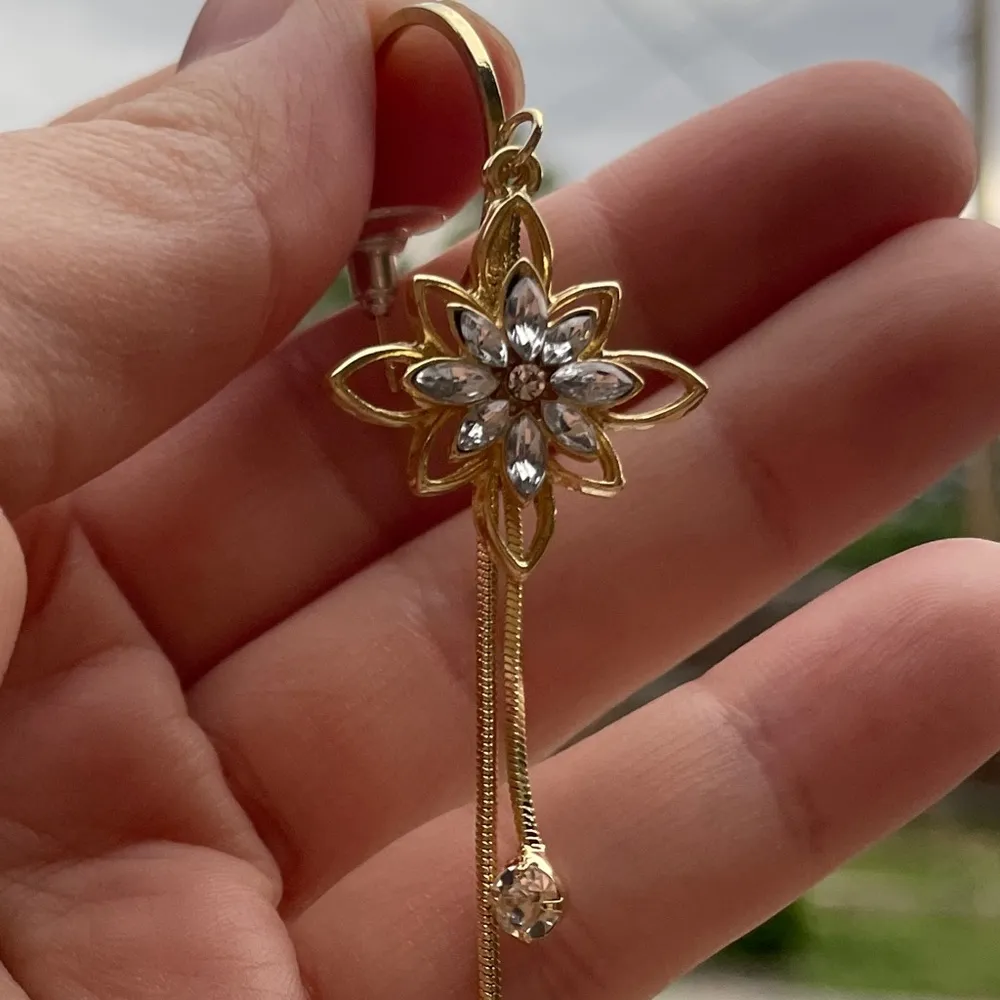 Absolutely Beautiful gold flower zircon floral hoop long gift silver earrings White - Image 3