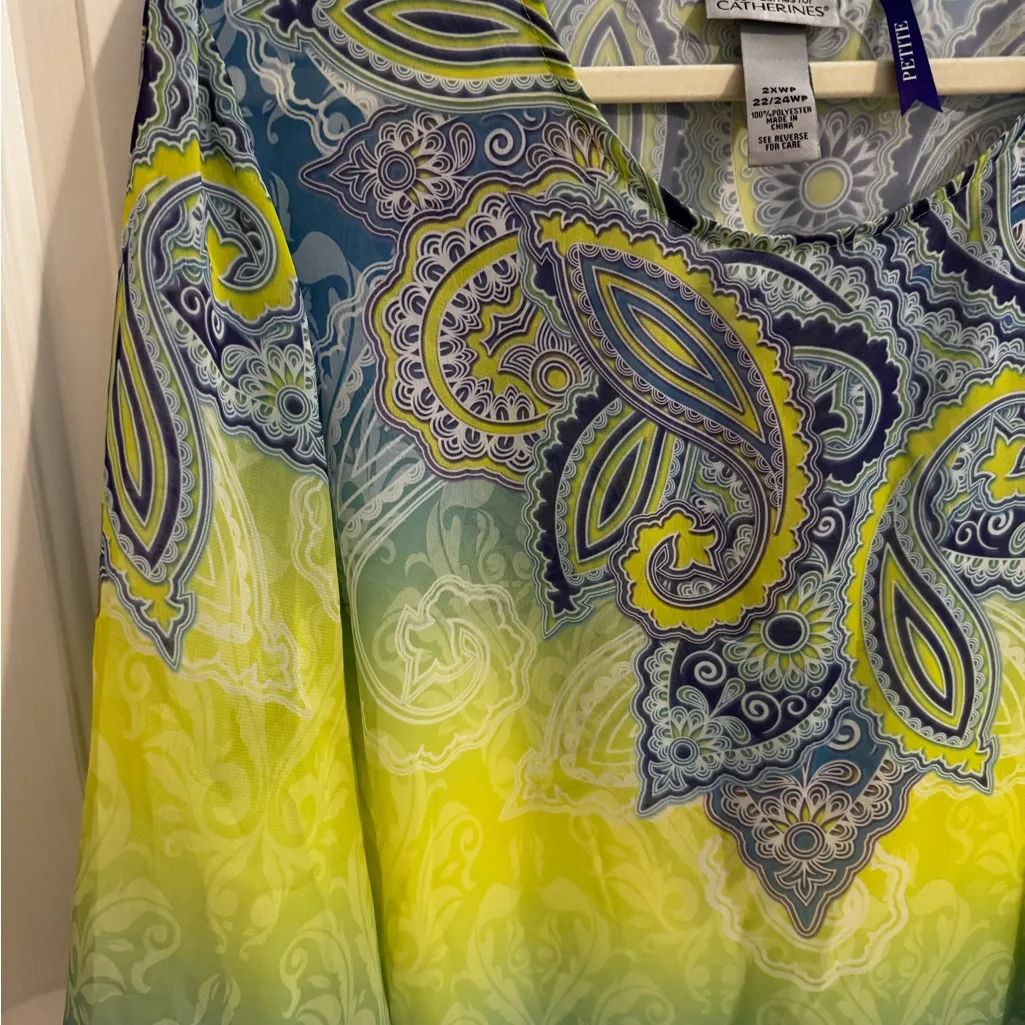 Catherine's Paisley Boho Blue Yellow Print Tunic Plus Size 2XWP 22/24 - Image 2