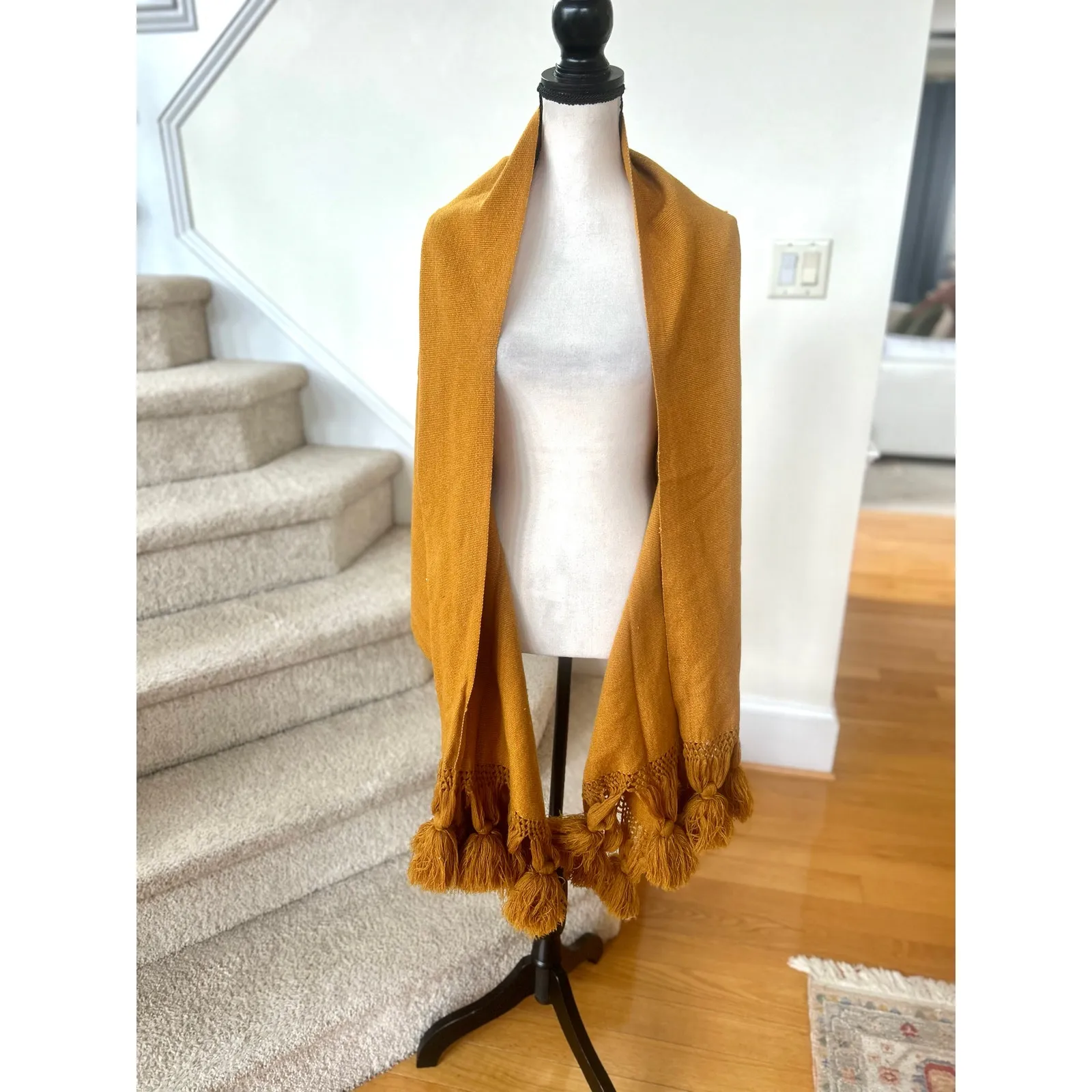 Vintage 70s Mustard Yellow Pom Pom Tassel Tapestry Oversize Scarf Wrap Pasmina - Image 2