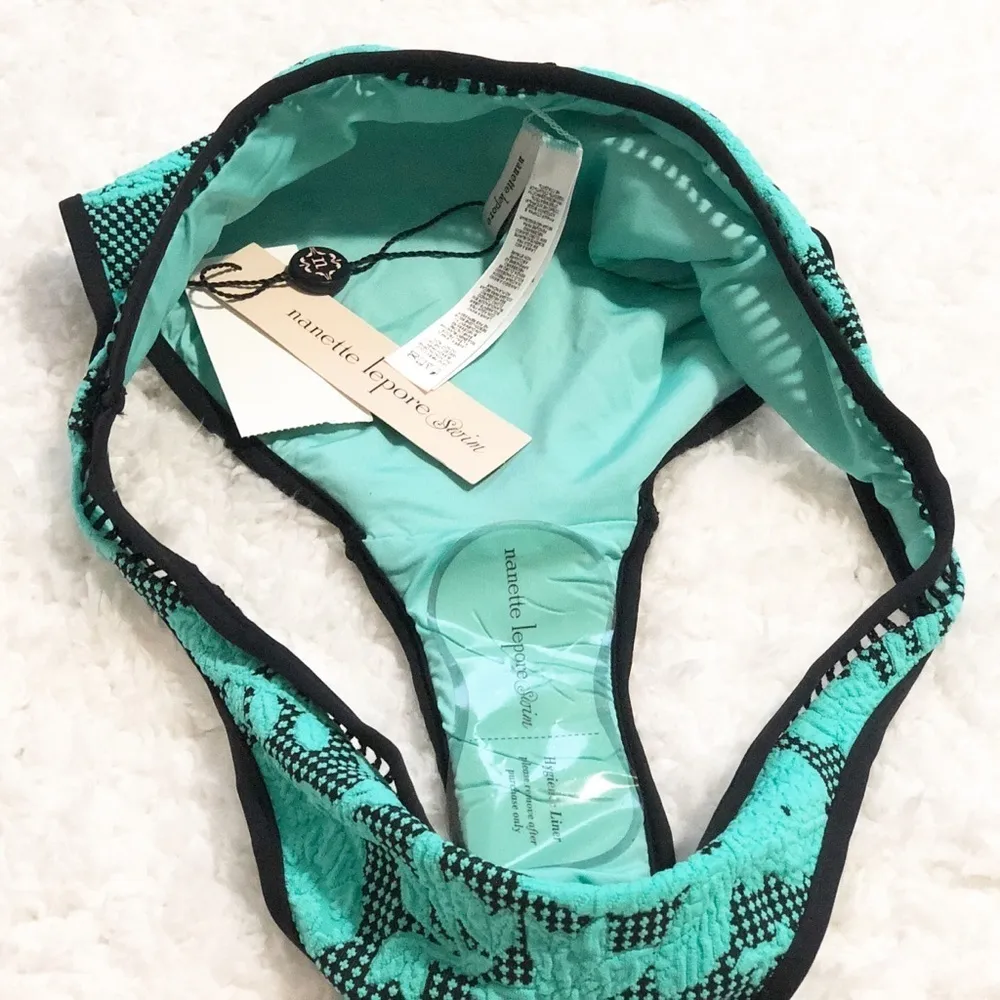 🆕 Nanette Lepore jacquard floral turquoise blue black trim bikini bottoms - Image 9