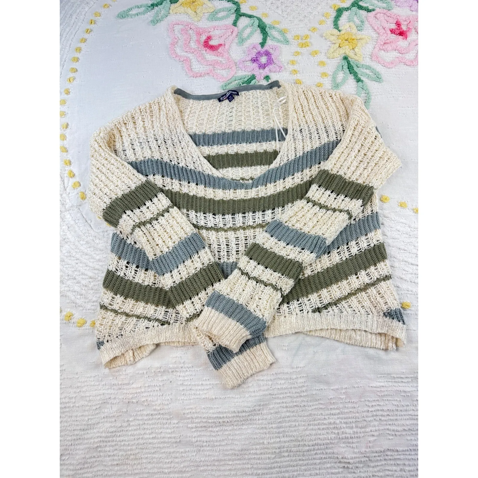 Freshman Knit Sweater Striped V Neck Crop Top Open Weave Beige Green Blue M Tan Size M - Image 3