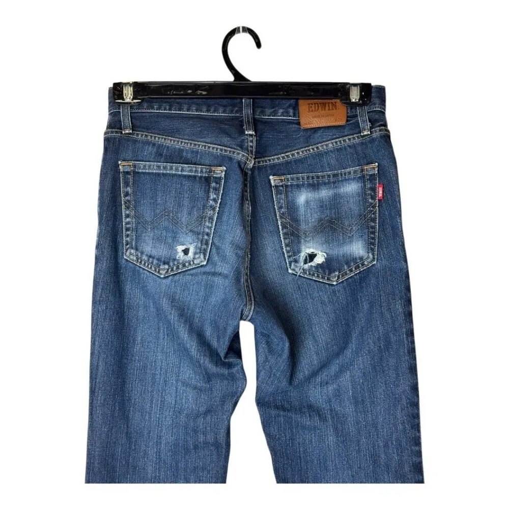 Edwin Jeans Women 29 Blue Medium Wash Distressed Japanese Denim Straight Leg 402 - Image 4