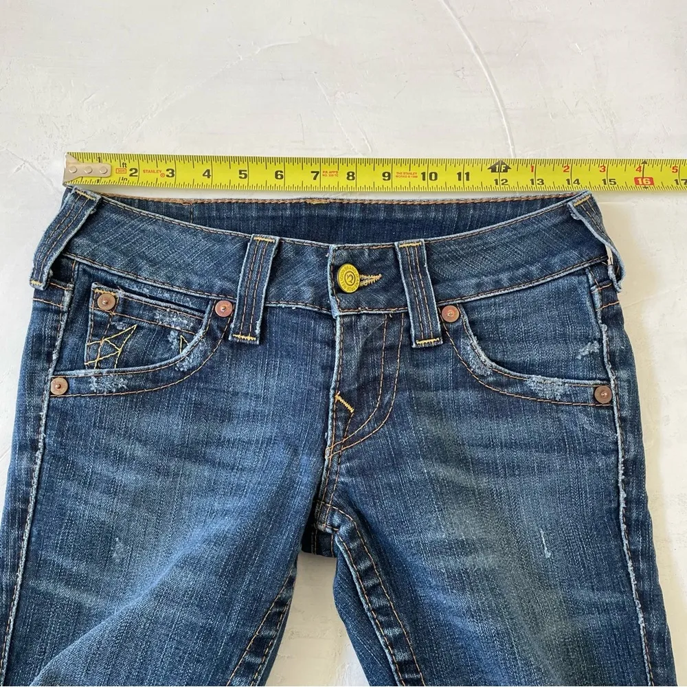 VINTAGE True Religion Pants Womens Blue Denim Flared Dark Wash Low Rise 26 - Image 3