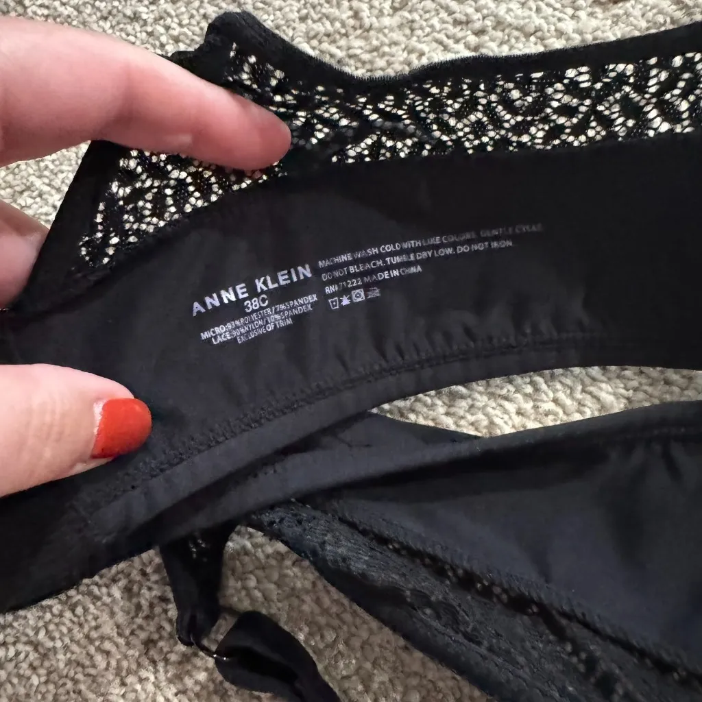 Anne Klein Black Lace Lined Underwire Bra Women’s Size 38C No Padding - Image 8