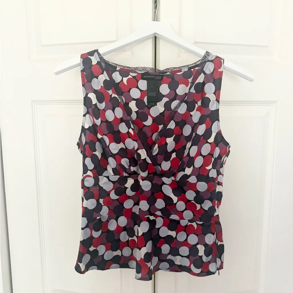 Vintage Kenneth Cole New York Polka Dot Y2K Surplice Silk Tank Top Blouse Size 6 Red - Image 2