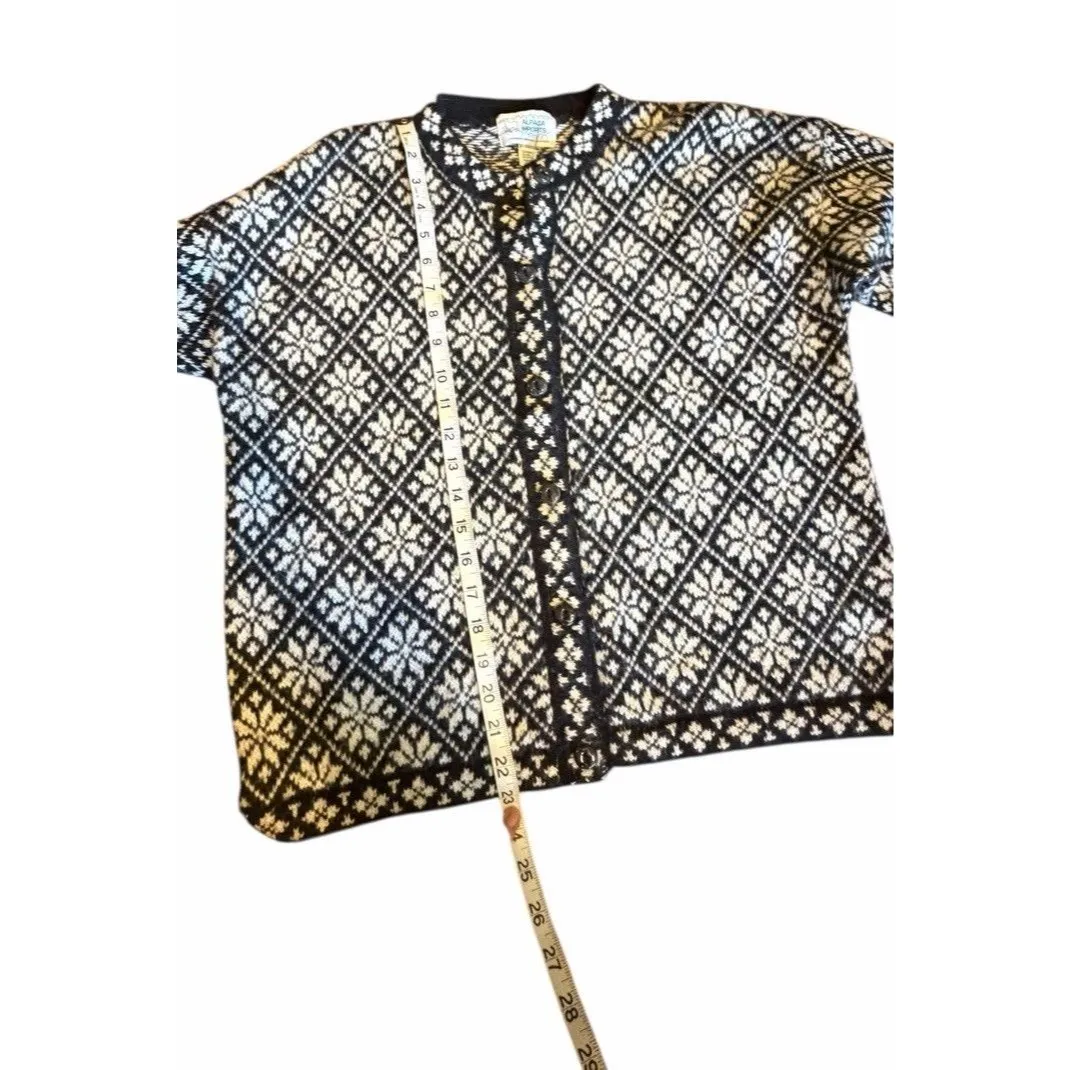 VTG Alpaca Imports Hand Knit Cardigan Sweater Alpaca Wool Snowflake Festive Black Size L - Image 7