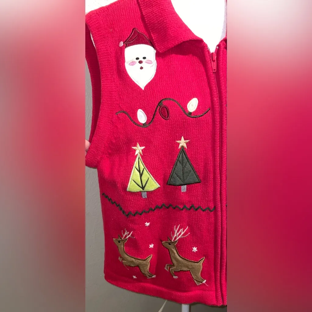 Bechamel Women’s Size M Santa Red Christmas Zip Up Sweater Vest Appliquéd Size M - Image 4