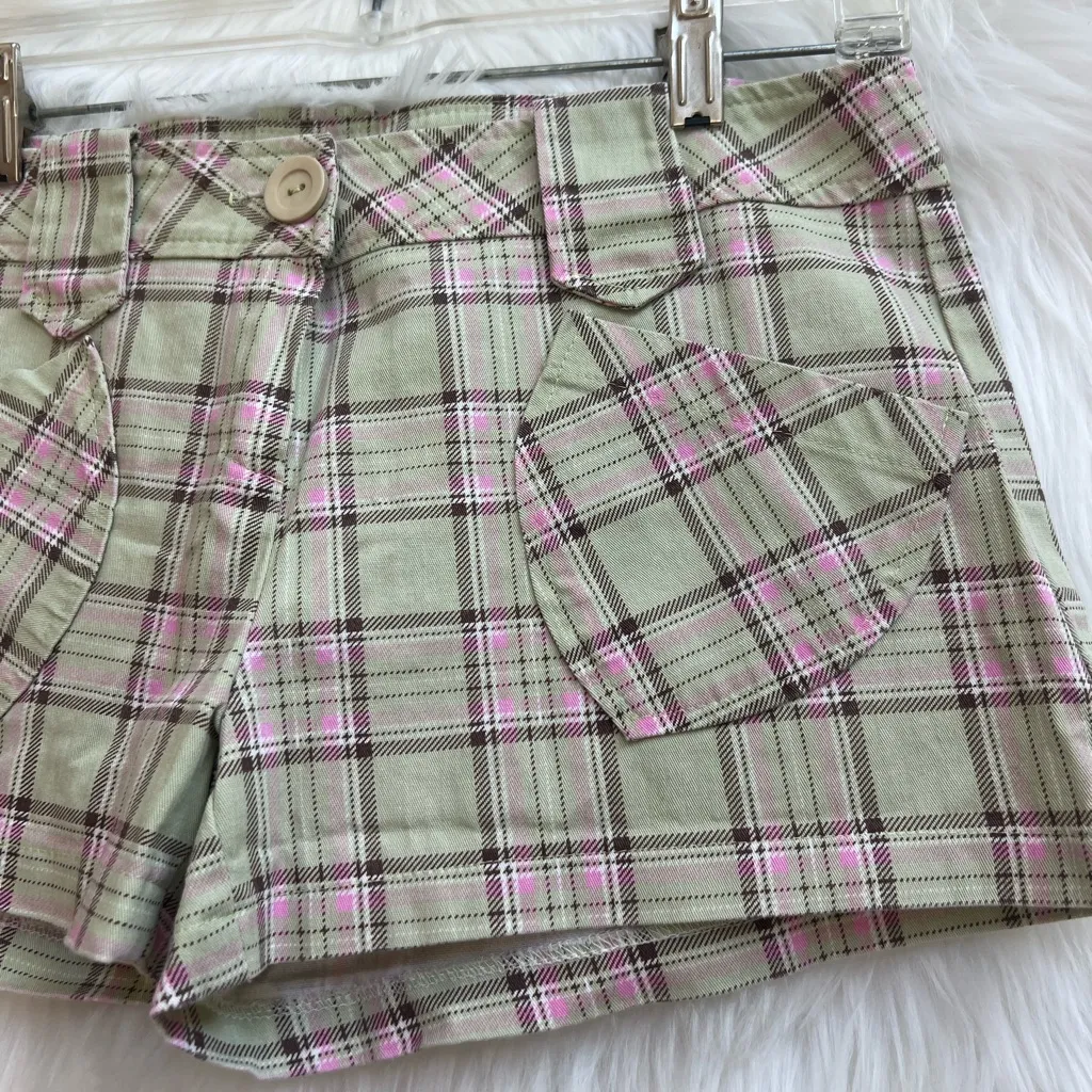 Y2K vintage Pink and green plaid low rise cargo shorts with pockets - Image 2