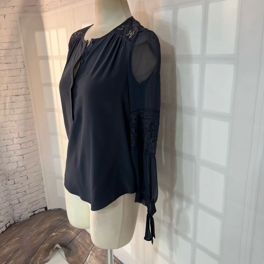 Rebecca Taylor Navy Sarah Tie-Cuff Lace-Trim Silk Crew Neck Long Sleeve Top Sz 0 - Image 5