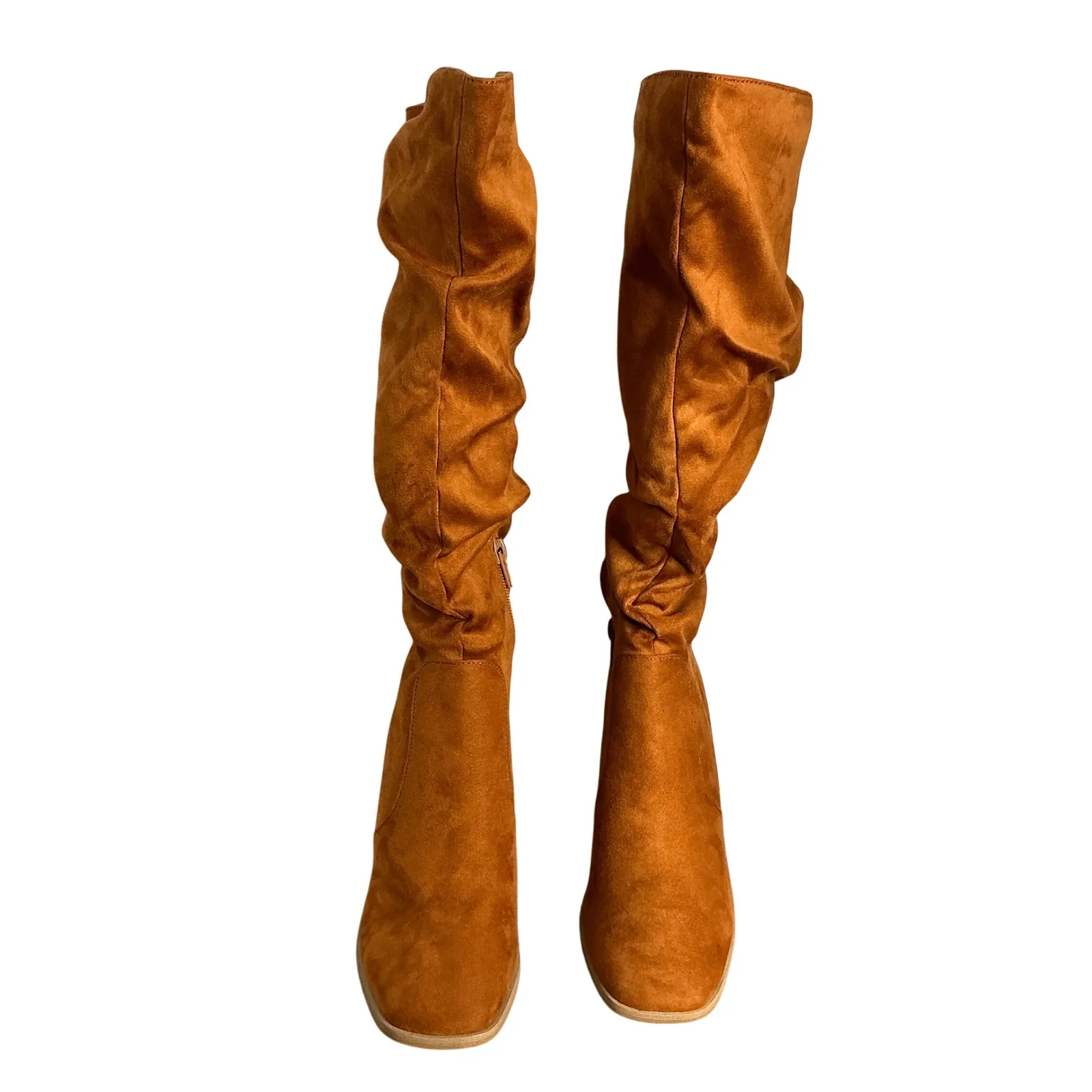 Boho Slouchy Knee High Boots Camel Brown Faux Suede Block Heel Womens 5 - Image 5
