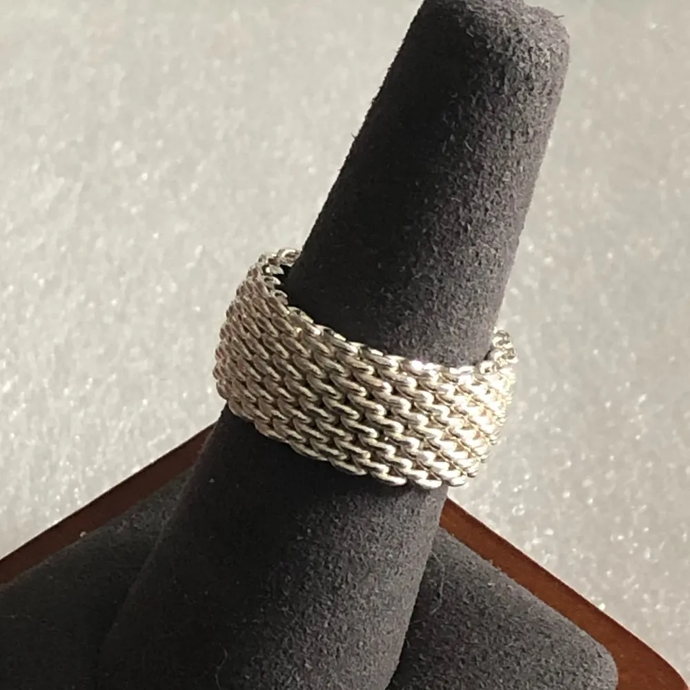 TIFFANY Sterling Silver Somerset Mesh Cigar Band Style Ring Sz 8 Dust Bag & Box - Image 7