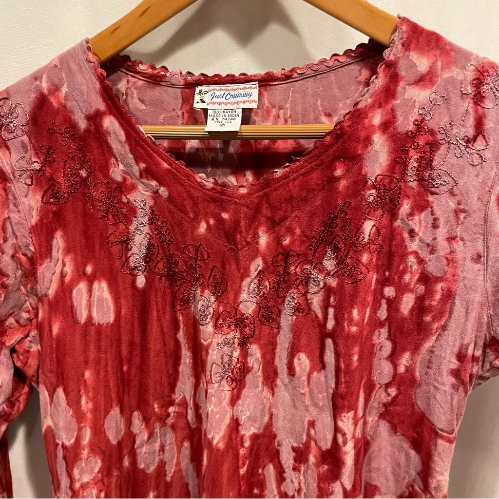 Cute tie dye embroidered scalloped hem top v neck long sleeve flowy floral Pink Size M - Image 7