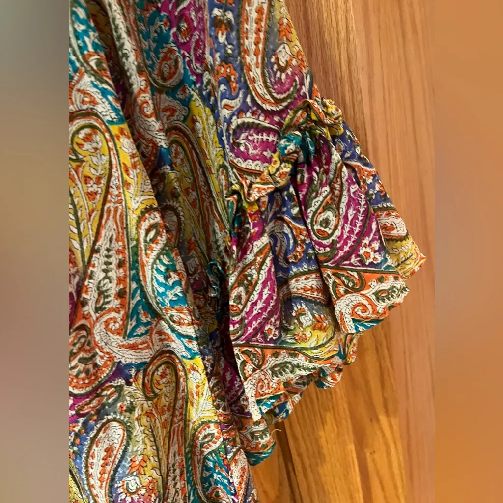 Tolani Silk Ruffled Split V-Neck w/ Ties & 3/4 Flutter Sleeves Paisley Blouse XS - Image 9