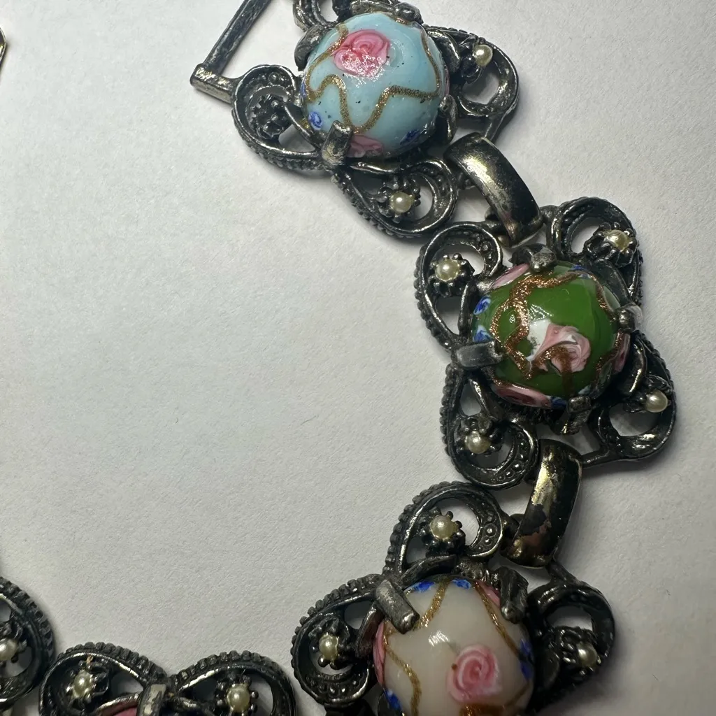 Antique 1920s Czech 800 Silver Wedding Cake Glass Bracelet Genuine Seed Pearls - Image 3