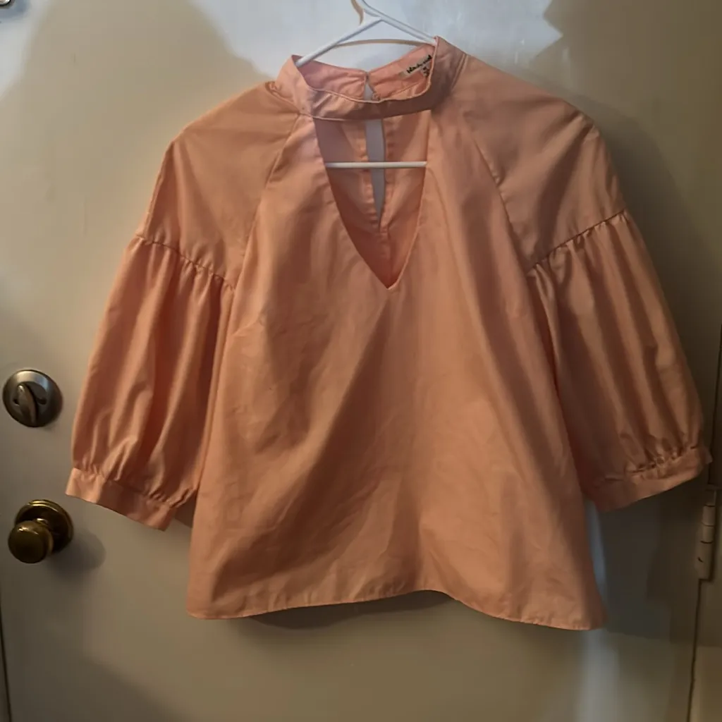 Bleuh Ciel Peach V-Neck Chocker Blouse M  Balloon Sleeve Fairycore Whimsygoth - Image 3