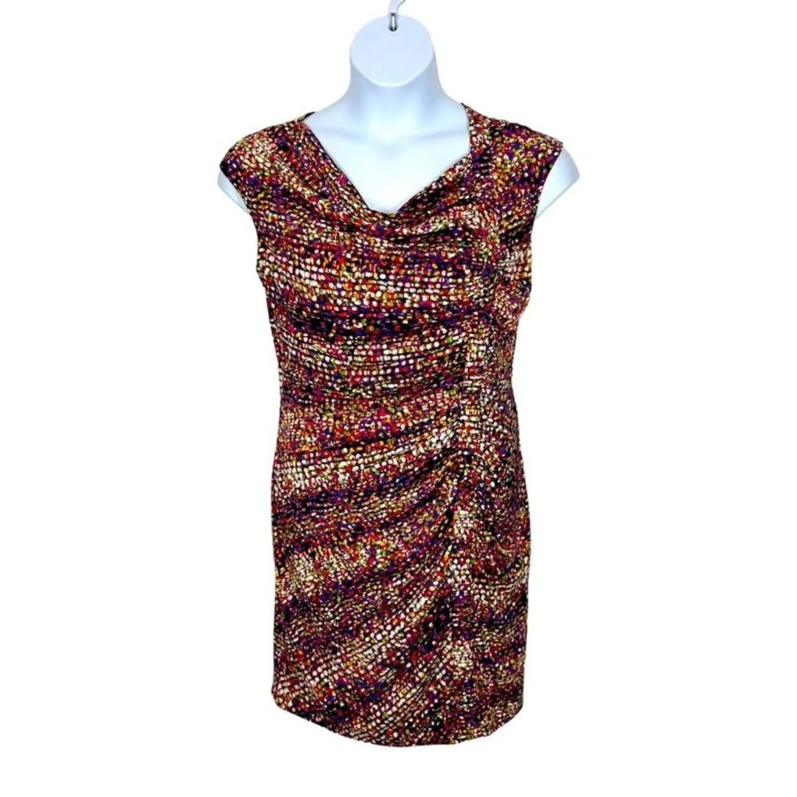 Alfani Abstract Ruched Bodycon Dress 12 Petite Drape Neck Office Party Dinner - Image 2