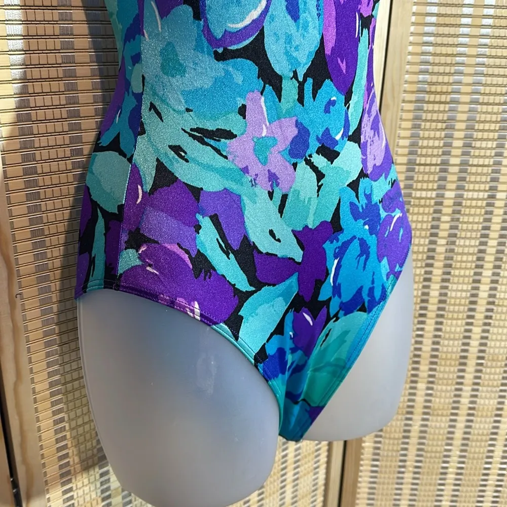 Sun Streak Vintage 1970s Blue Floral One Piece Bathing Suit Swimsuit Size 6 - Image 6