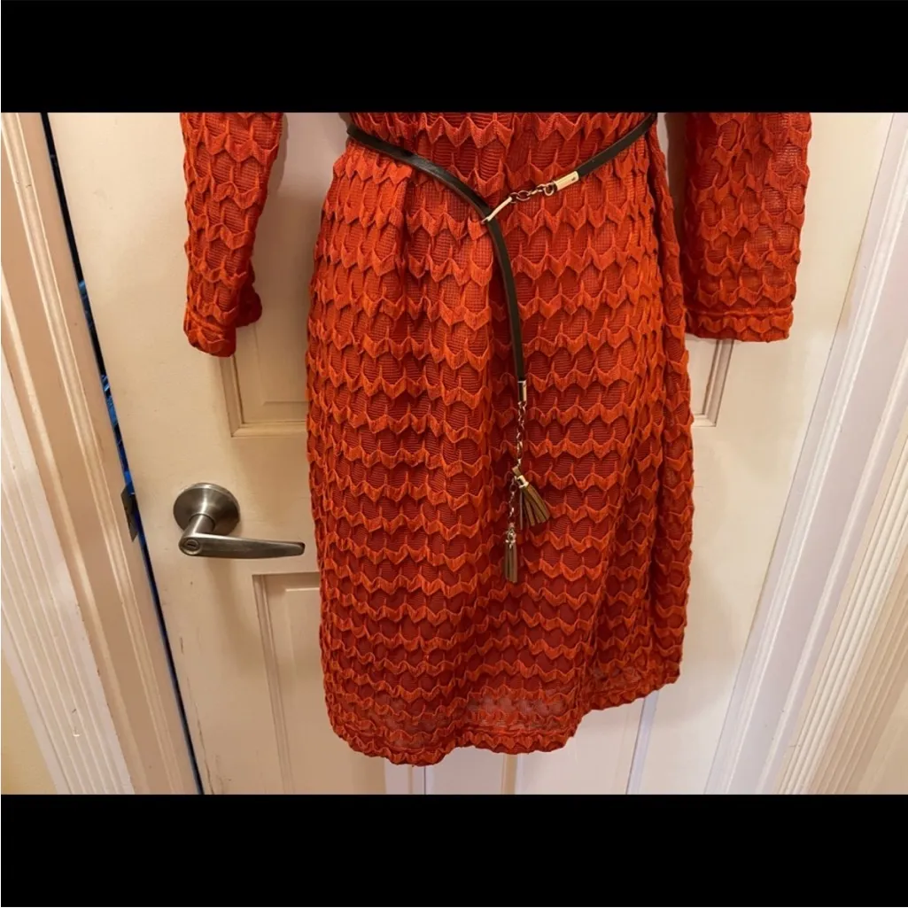 2/$30 Sharagano sun-dried tomato red dress 8 long sleeves crochet tea length - Image 10