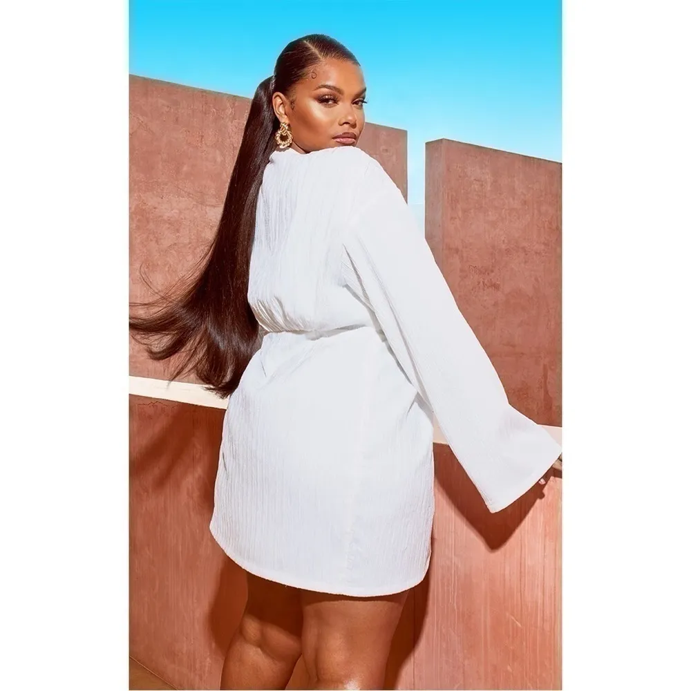 PrettyLittleThing White Drape Detail Plunge Muslin Mini Dress Size 14 XL NWT - Image 6