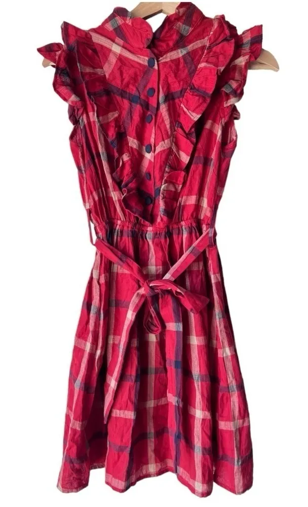 Women's lightweight ruffle strap mini midi dress red blue plaid Vintage doll S. - Image 1