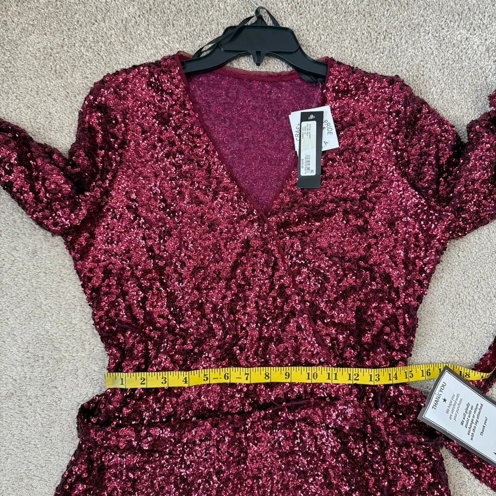 Betsy & Adam Sequins Long Sleeve Belted Mini Dress Sangria Red 10 - Image 11