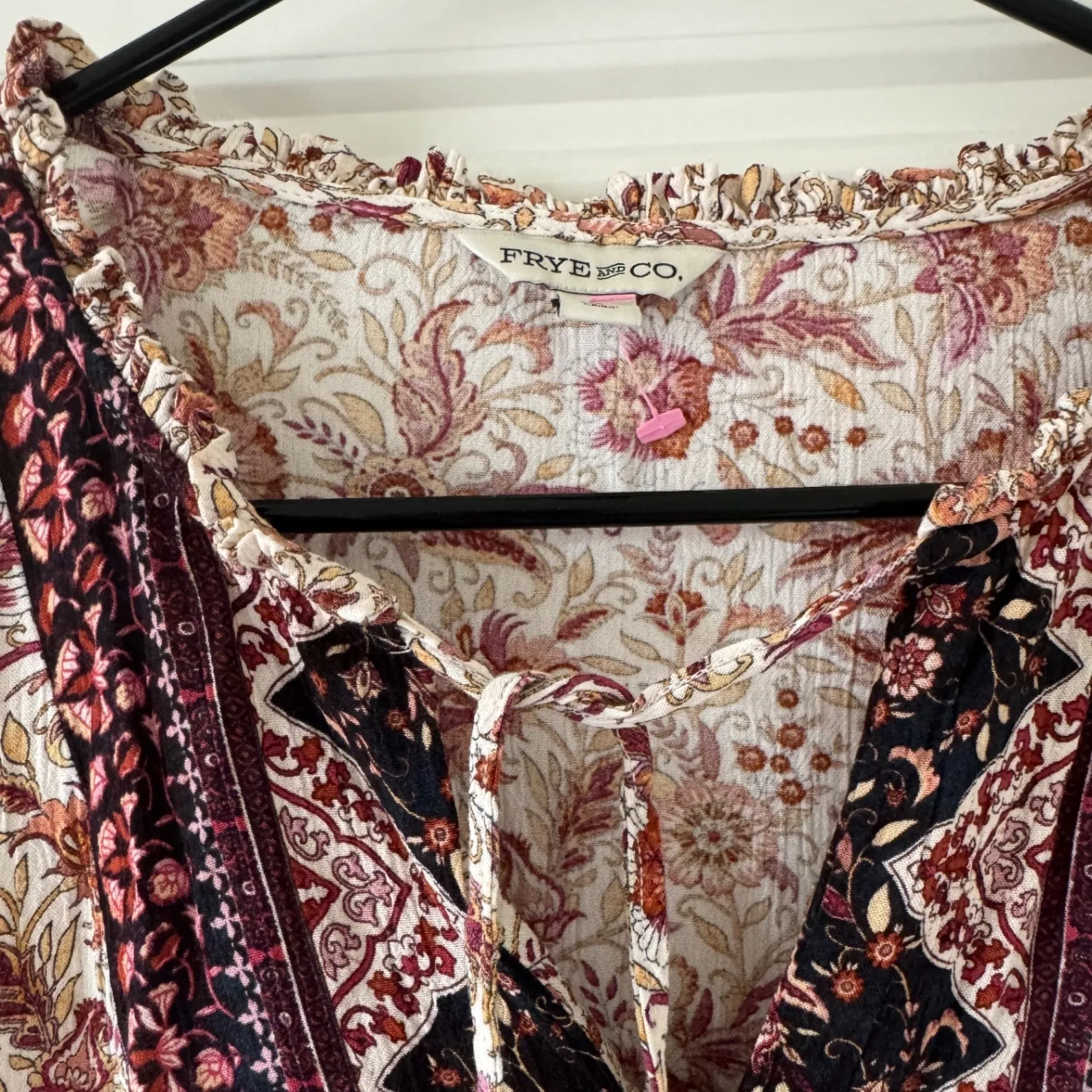 Frye and Co sz L Womens 100%Rayon Long Sleeve Patchwork Floral Dress Boho Hippie Size L - Image 8