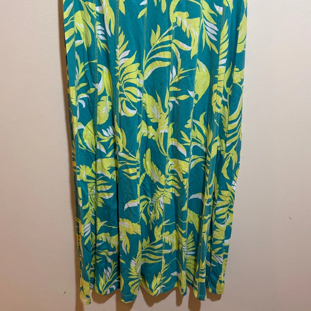 Soft Surroundings Palm Print Knit Maxi Dress Teal Green Tropical Size Medium - Image 15