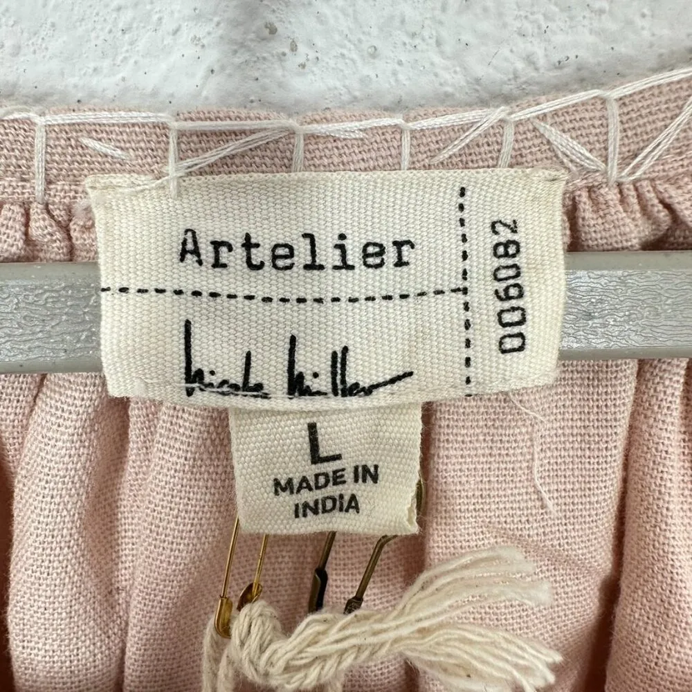 Nicole Miller Artelier Pink Cream Embroidered Puff Sleeve V Neck Tie Front Boho‎ - Image 3