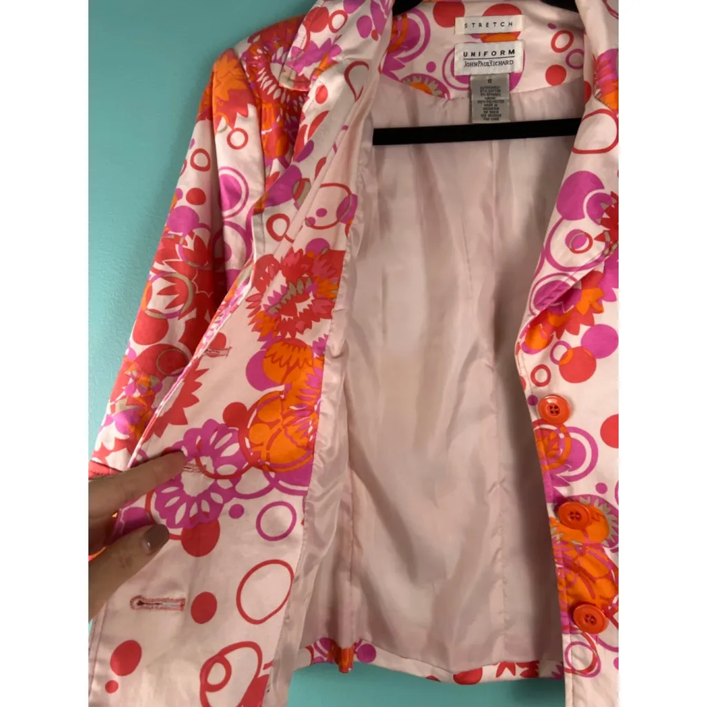 JohnPaulRichard Women's Size 6 Stretch Blazer Jacket Pink Orange Floral Mod Retr - Image 4