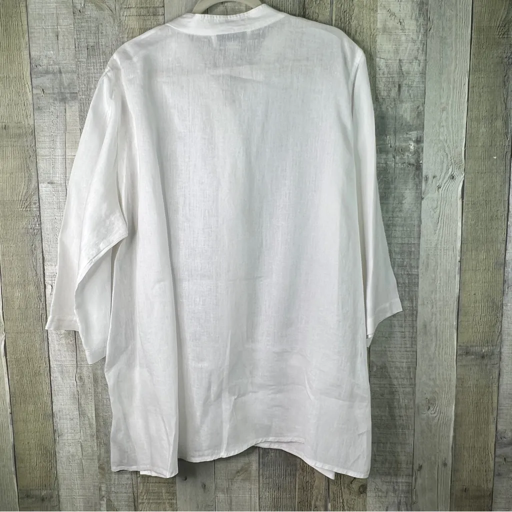 Caroline Rose White Linen 2X VNeck 3/4 Sleeves Jacket Pockets Big Wooden Buttons - Image 2