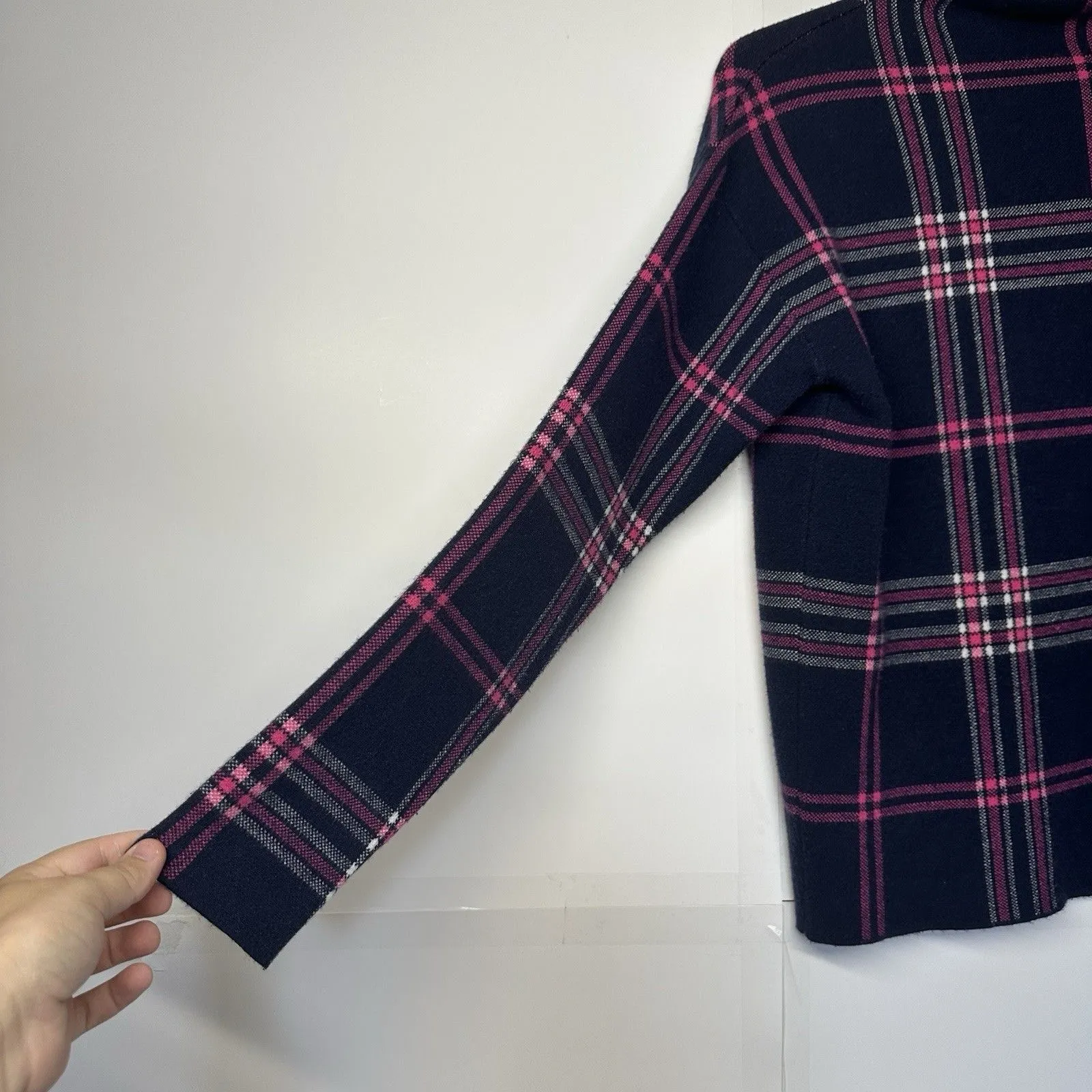 Quintessential Rachel Zoe Sweater L Plaid Mock Neck Navy Pink Pullover Knit Size L - Image 3