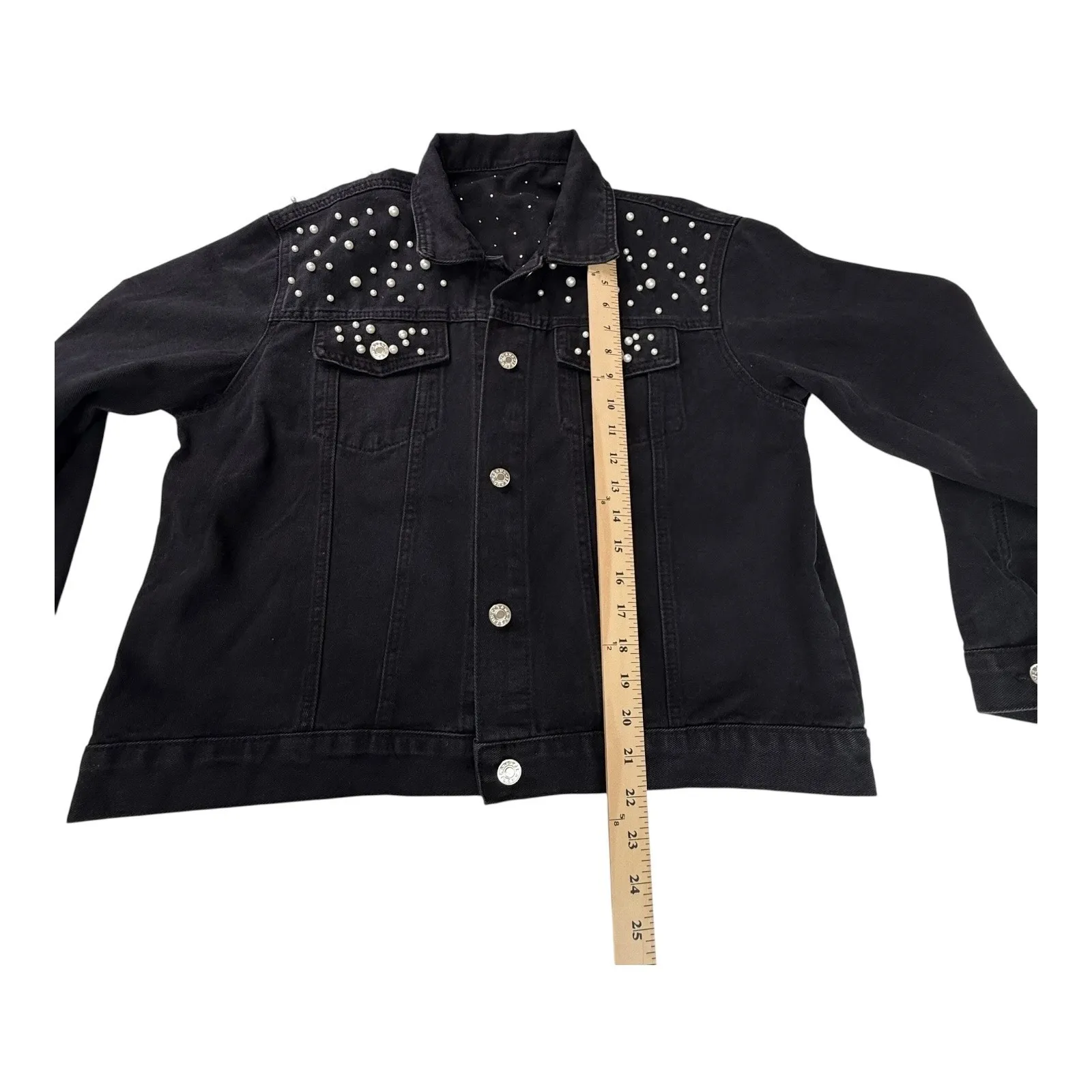 Denim Jacket Black Pearls Womens LG 12/14 Embellished Jeans Buttons Bridal Party - Image 7