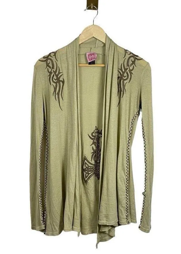 VINTAGE Tail Bait Wool Blend Embroidered Studded Open Cardigan in Tan Size S - Image 2