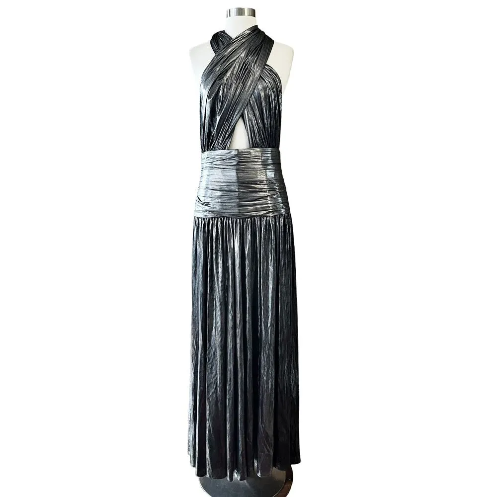 BRONX AND BANCO Metallic Dress Florence Halterneck Gown Cutout Gunmetal Gray 10 - Image 15