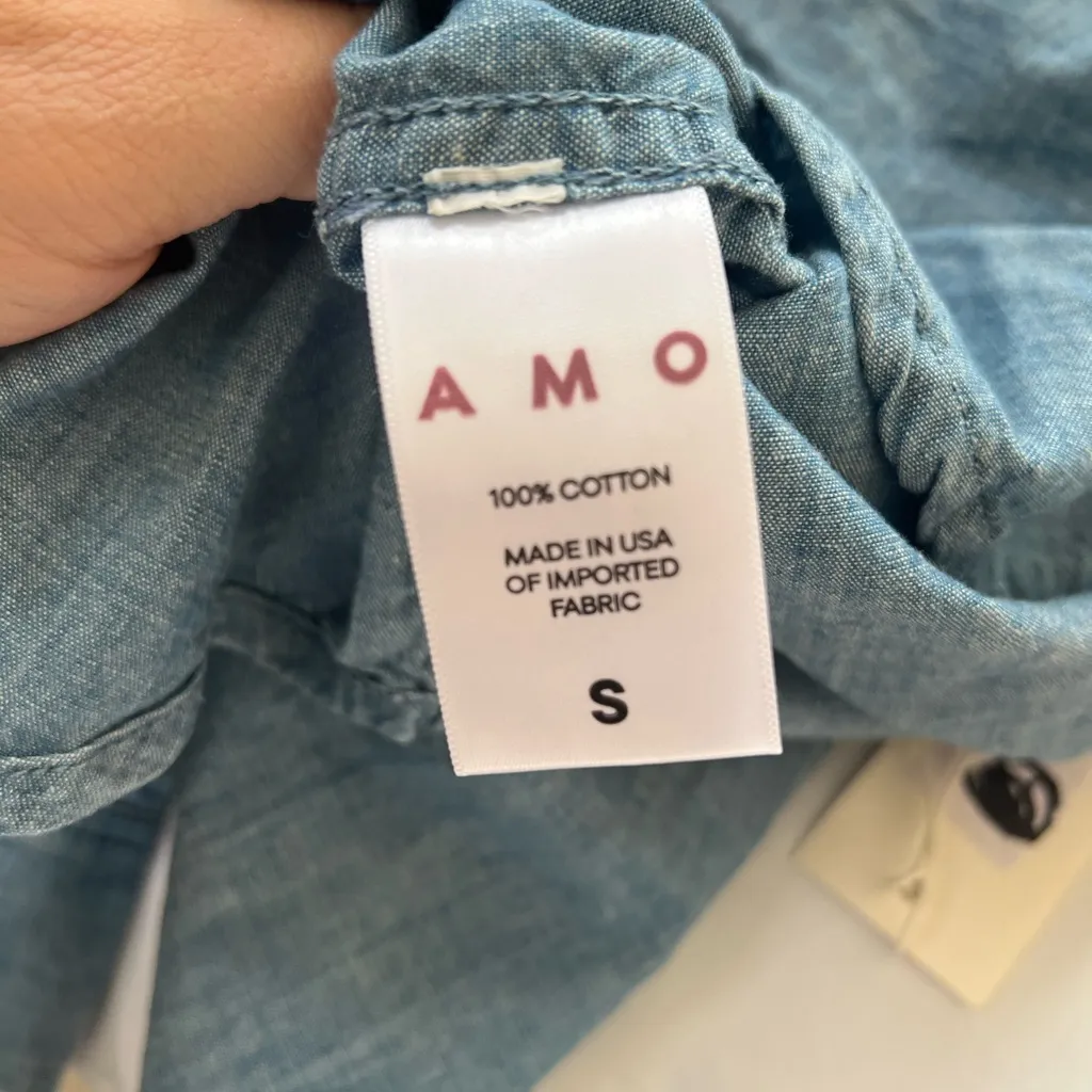 AMO denim button front‎ neck tie blouse size small,nwt Blue - Image 5