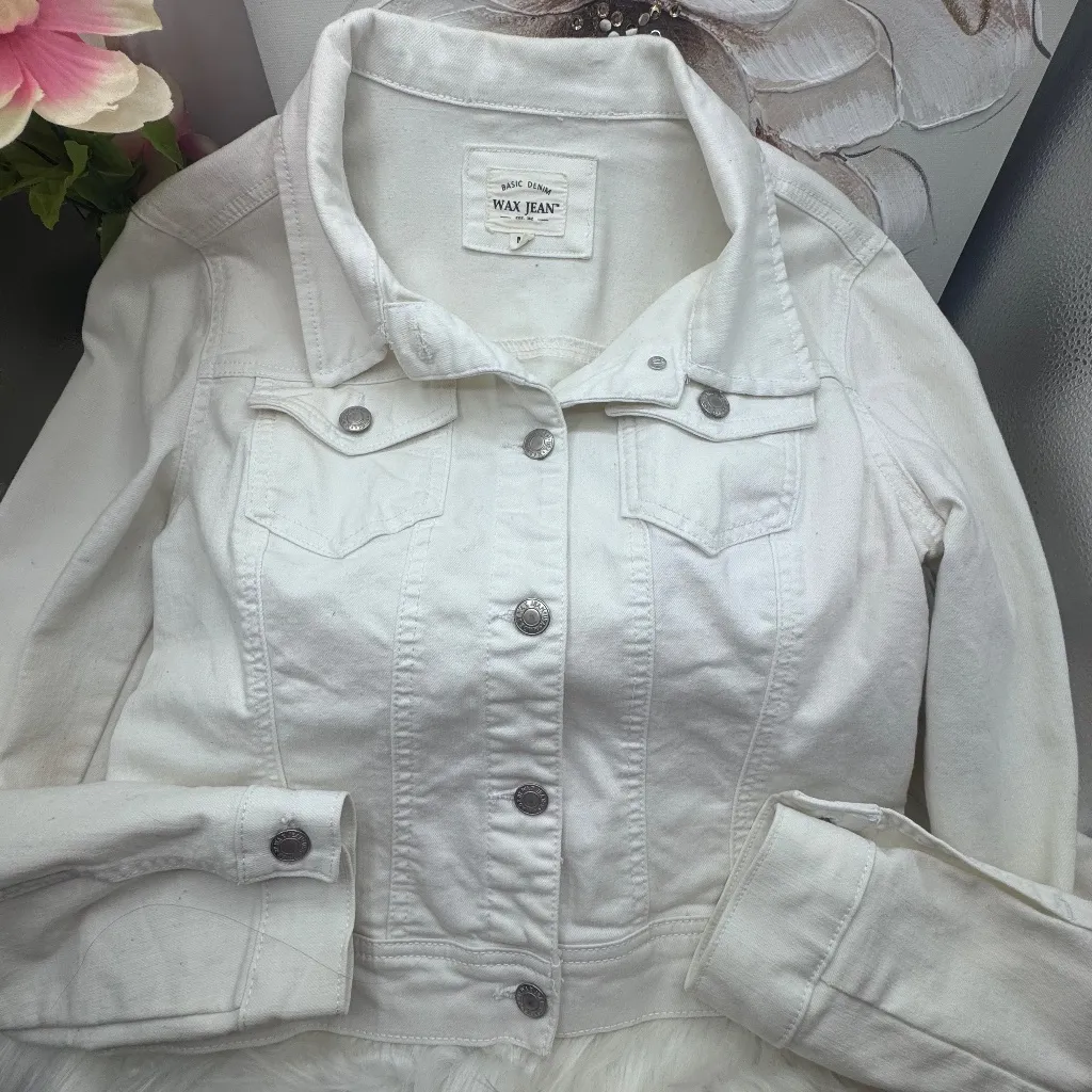Pre-Owned White Denim Wax Jean Jacket Size Medium - Image 6