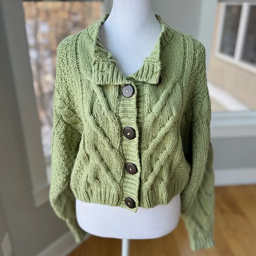 Free People Sage Green Bonfire Chunky Cableknit Cotton Crop Cardigan Small RARE - Image 3