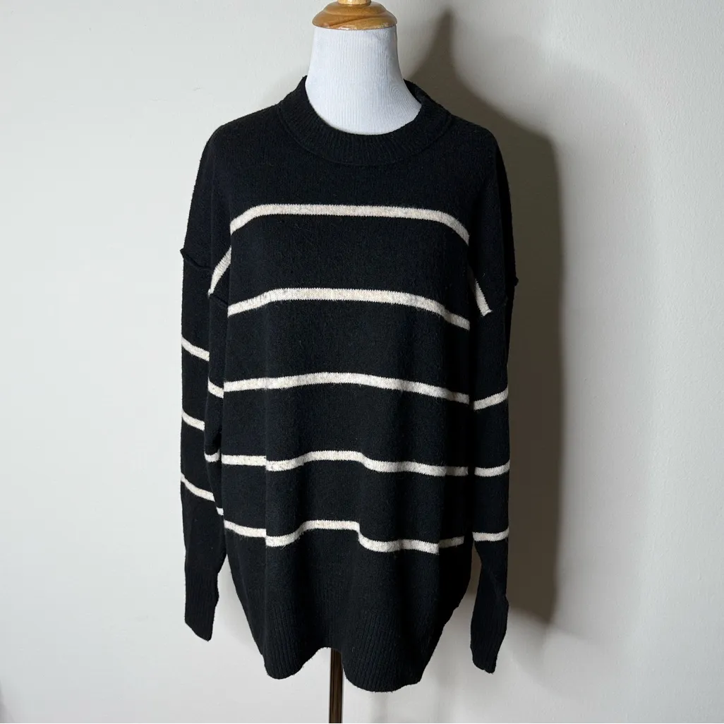 Aerie Black and Cream Striped Crewneck Sweater - Image 2
