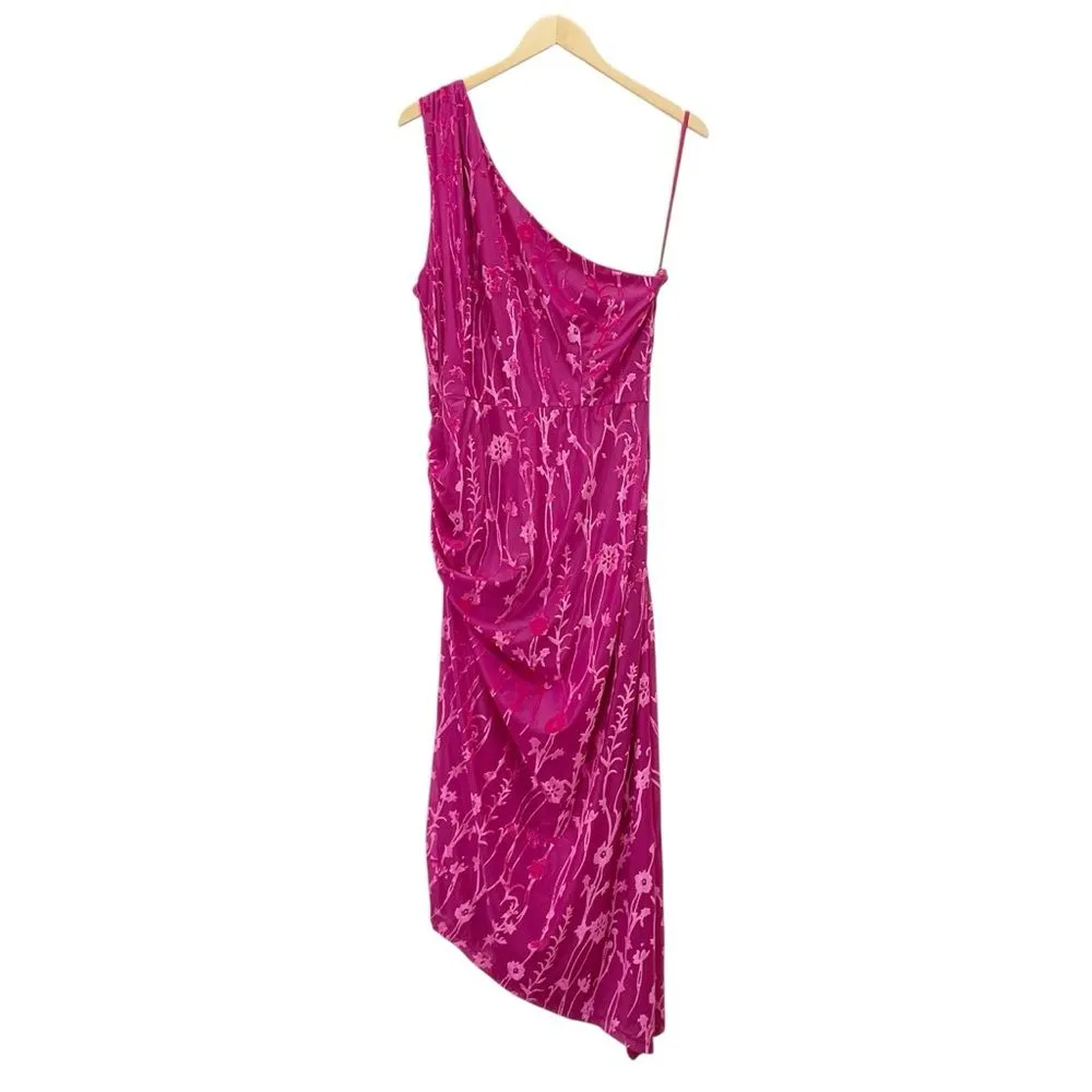 Hutch One Shoulder Asymmetrical Midi Dress Size XL Pink Floral Velvet Burnout - Image 3