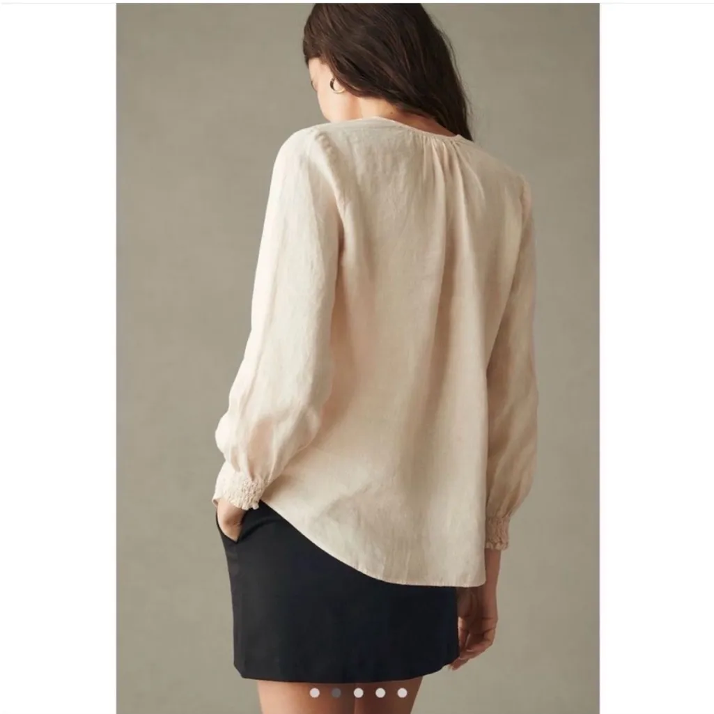 Cloth & stone anthropology tie neck peasant blouse 100% linen cream size small - Image 2