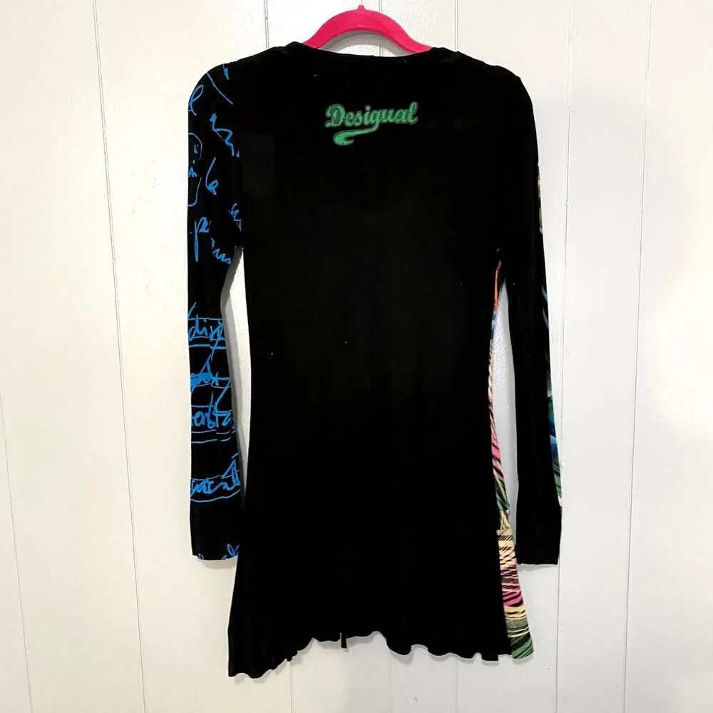 NEW Desigual Black Abstract Print Beaded Waist Tie Long Sleeve Tunic S - Image 7