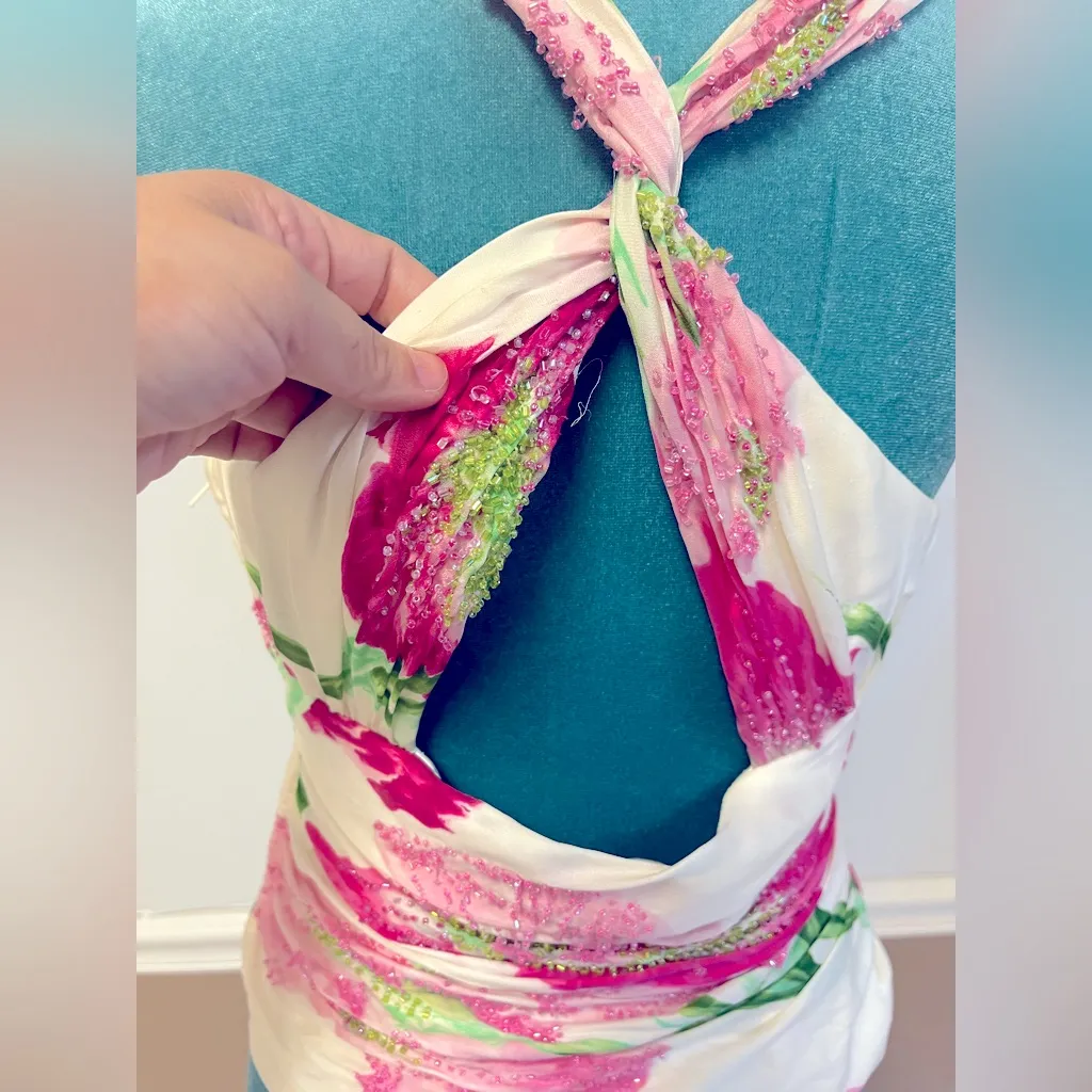 Vintage 90s Carmen Marc Valvo Beaded Silk Top w/ Twist Back – Size 8 - Image 9