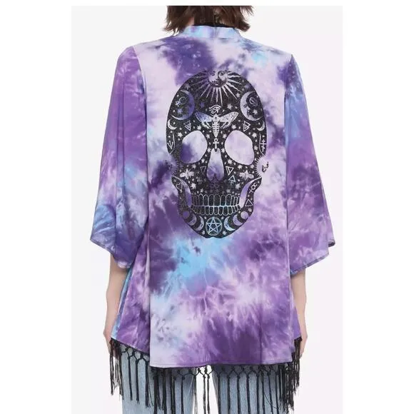 Hot Topic Purple Blue Black Tie Dye Glitter Skull Kimono Women's Sz Medium Large - Image 2