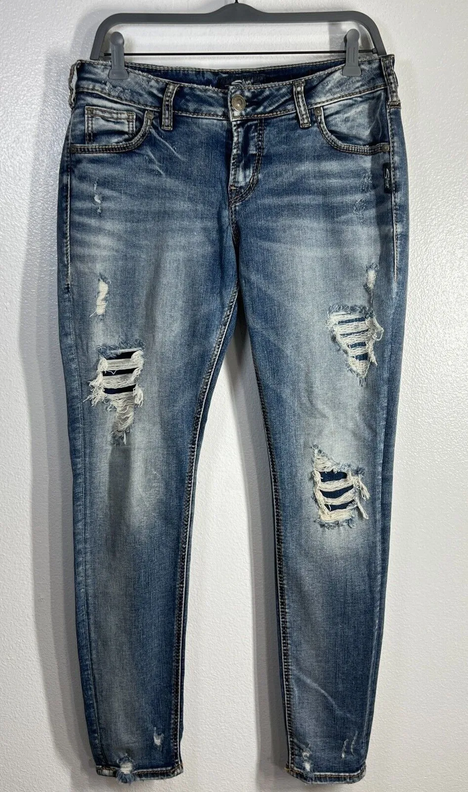 Silver Jeans Womens 29x27 Blue Girlfriend Skinny Distressed Medium Wash Casual - Image 1