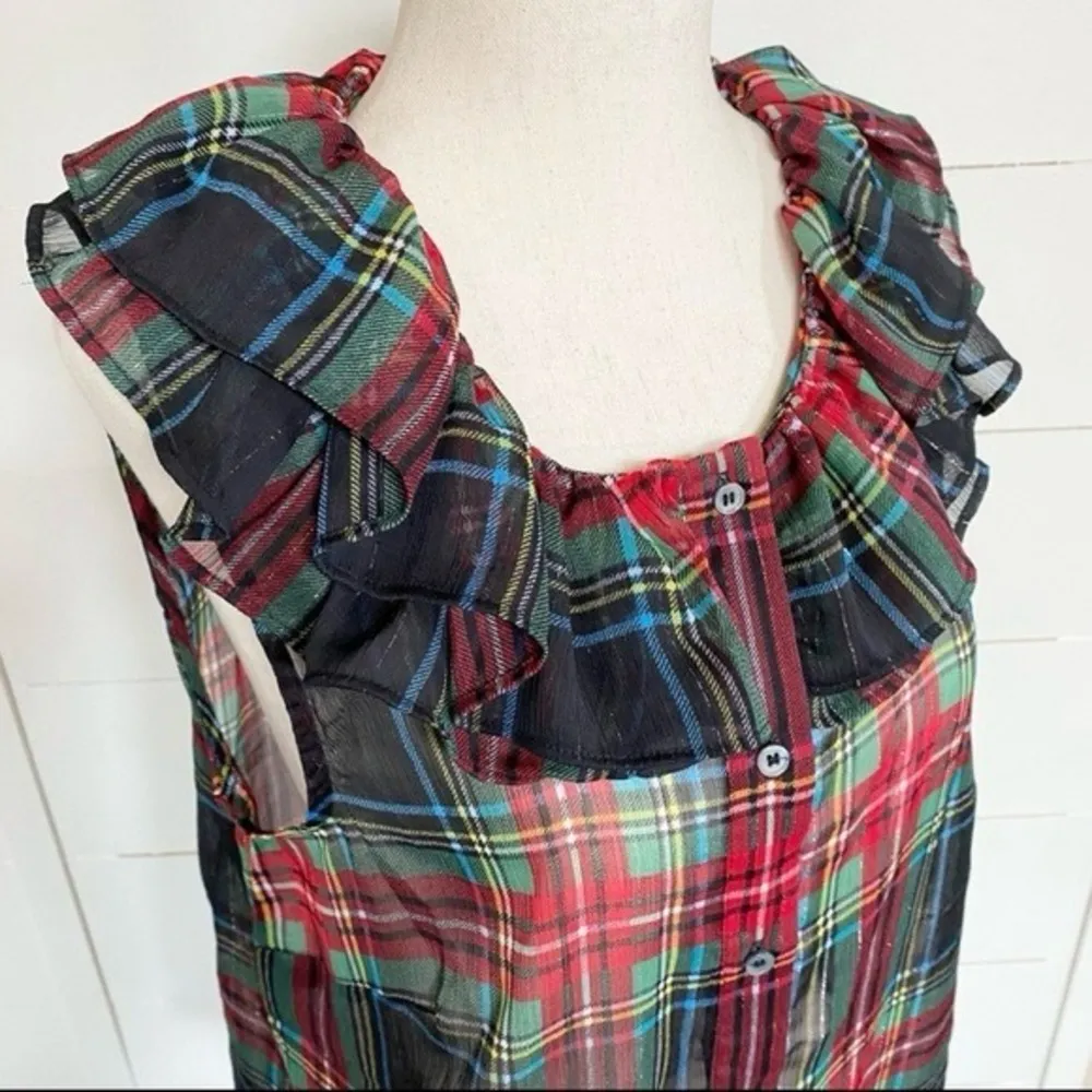 J. Crew Tartan Plaid Red Green Metallic Sheer Ruffle Button Tank Blouse NWT S‎ - Image 9