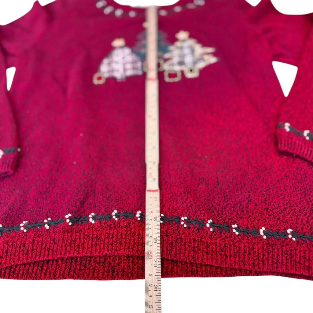 Christopher Banks Christmas Sweater Red Embroidered Trees Appliq Med GUC Beaded - Image 5